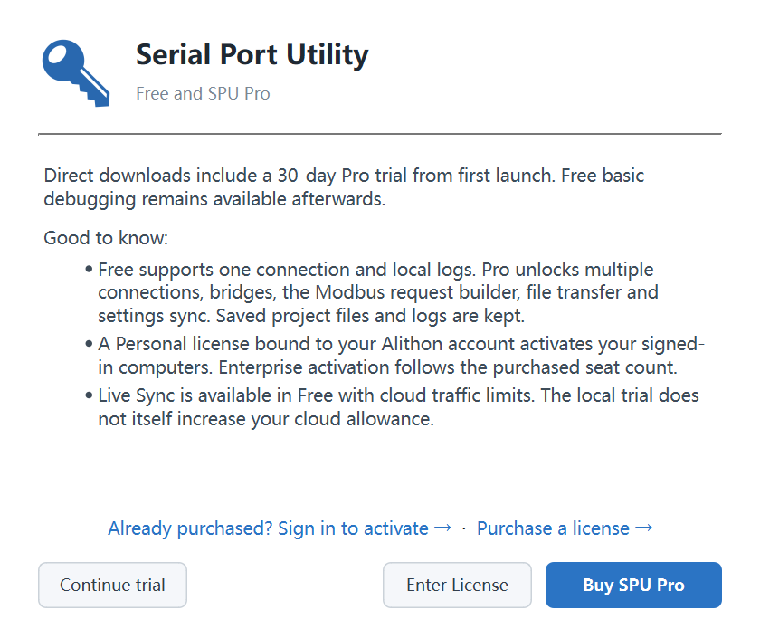 The Free and SPU Pro window: direct downloads include a 30-day Pro trial, what Free and Pro each cover, a Personal license bound to an account activates signed-in computers, Live Sync is available in Free; below are the links Already purchased? Sign in to activate and Purchase a license, and the buttons Continue trial, Enter License and Buy SPU Pro