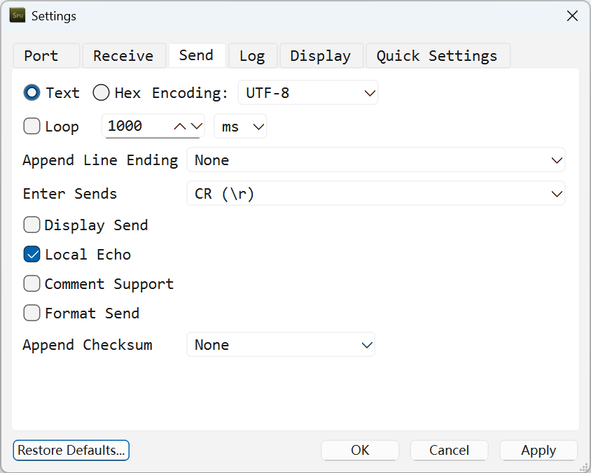 The Display Send and Local Echo checkboxes on the Send page of the settings dialog