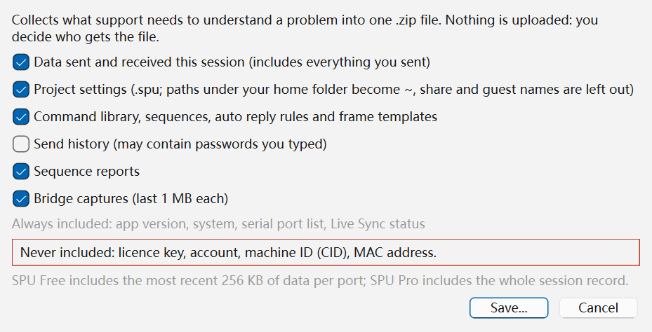 The Export Diagnostic Pack dialog: a short explanation that nothing is uploaded, six check boxes for session data, project settings, the command library, send history (unchecked), sequence reports and bridge captures, an Always included line, a red-framed Never included line, and Save and Cancel buttons