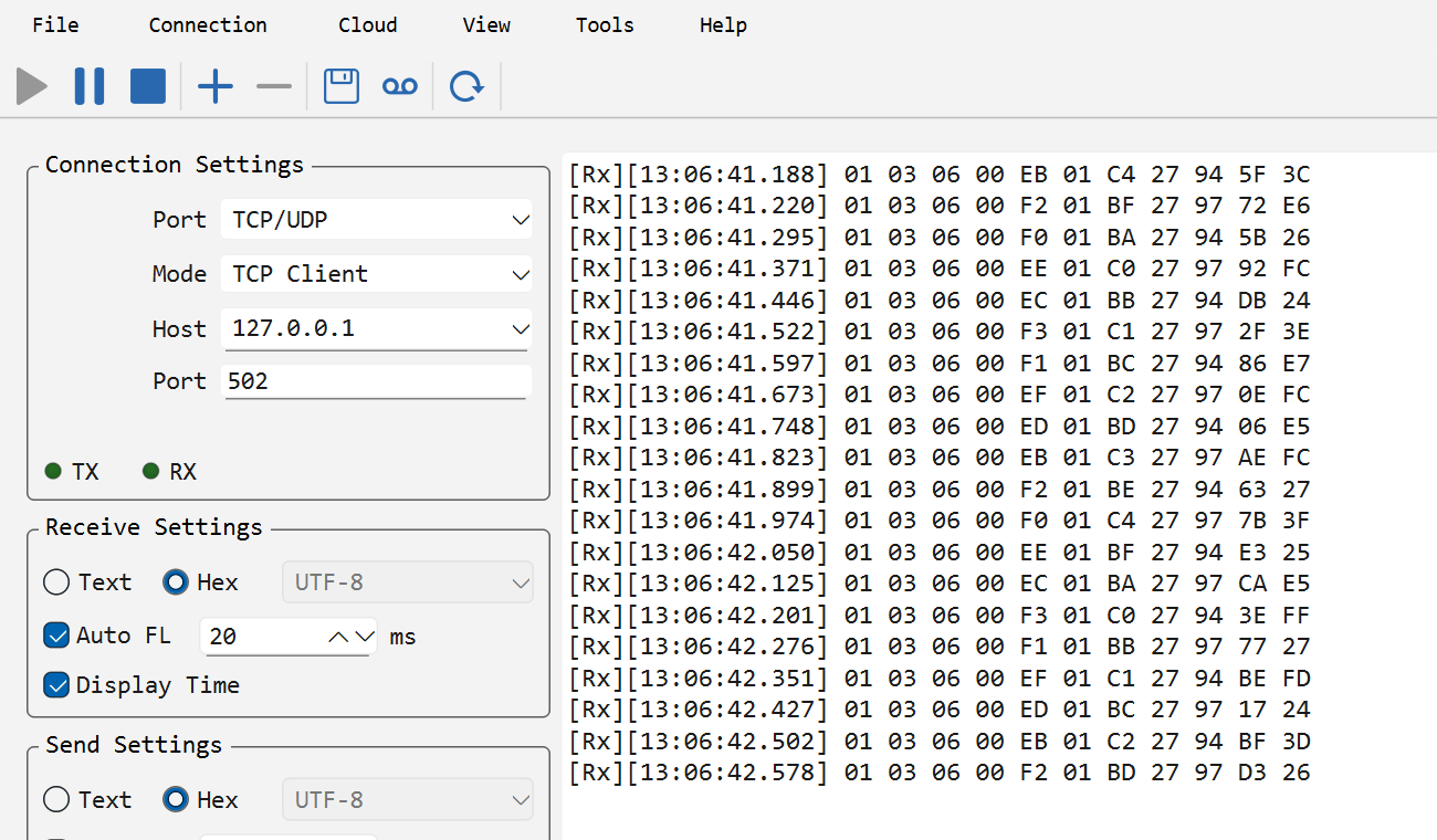 Modbus frames arriving over TCP, shown in Hex with a millisecond timestamp on every line