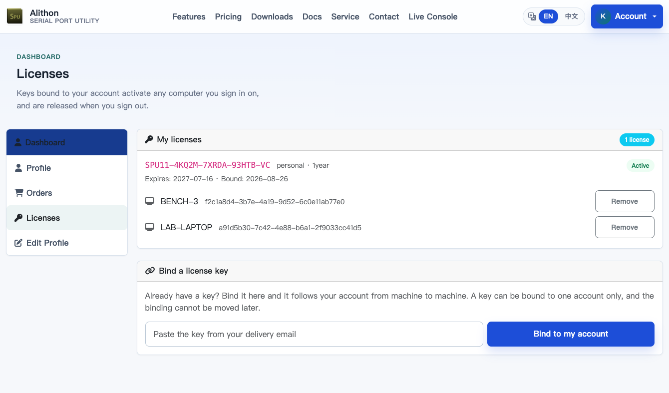The Licenses page in the account dashboard, listing a key, its expiry and the computers it is live on