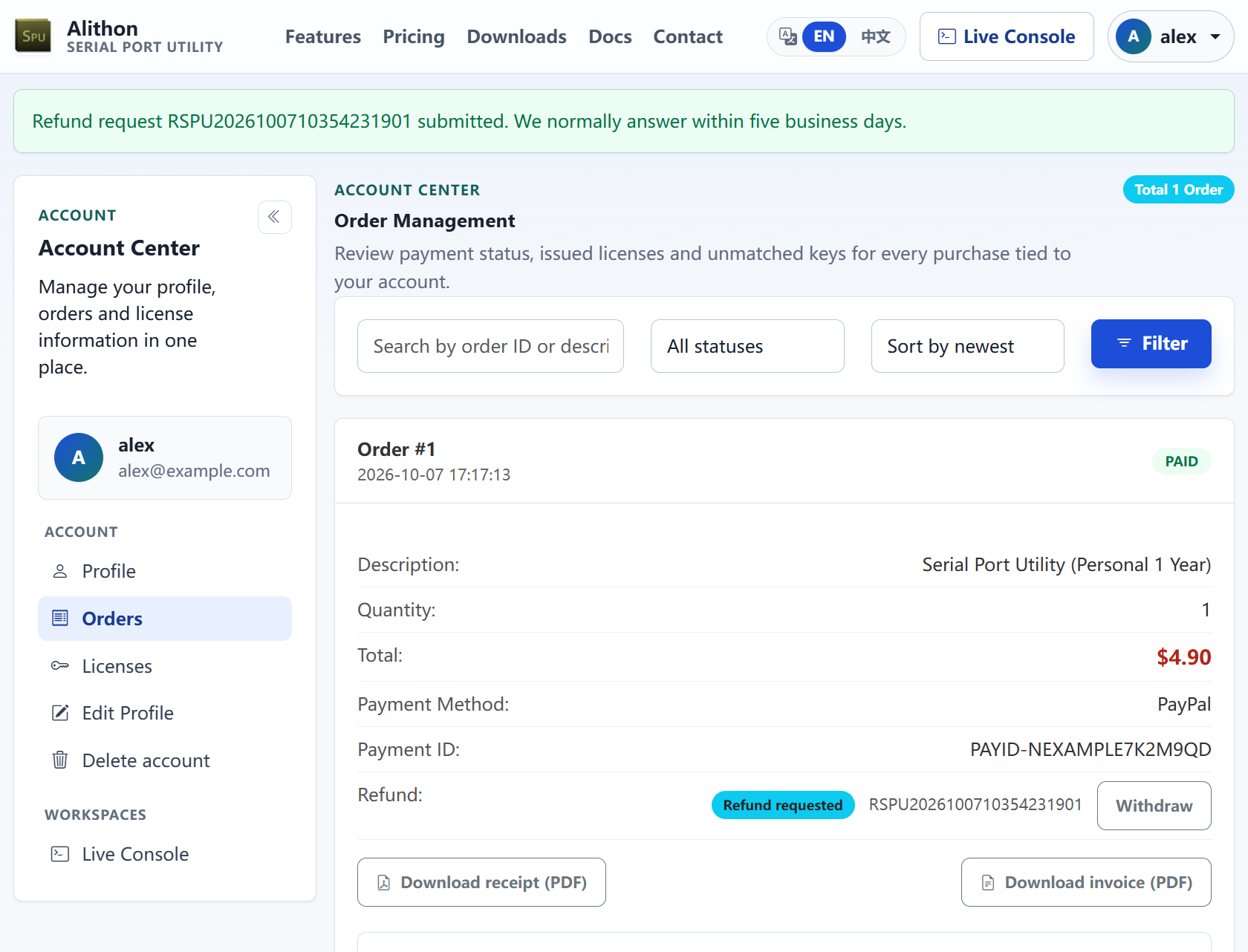 The Order Management page after submitting: a green banner at the top says refund request RSPU2026100710354231901 was submitted and that we normally answer within five business days; the order details have a new Refund row showing a blue Refund requested badge, the refund number and a Withdraw button; the Request refund button is gone