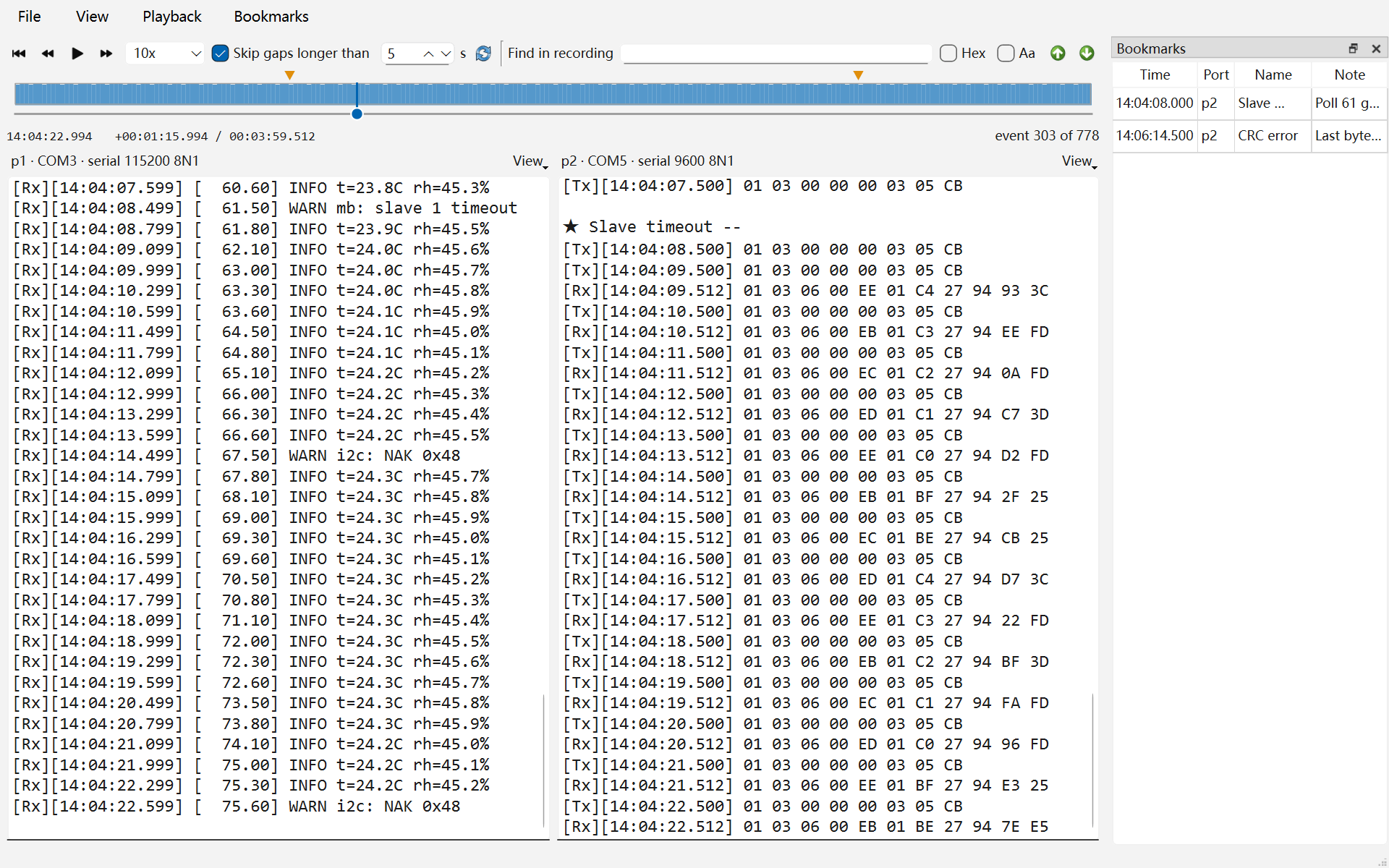 The replay window paused 1 minute 16 seconds into a recording of two connections, shown side by side: p1 COM3, a device log in text, and p2 COM5, Modbus requests and responses in Hex, where a star line marks the Slave timeout bookmark. Above them the transport buttons, the speed box at 10x, Skip gaps longer than 5 s, the Find in recording box and the timeline with two bookmark marks; on the right the Bookmarks list names Slave timeout and CRC error with their notes