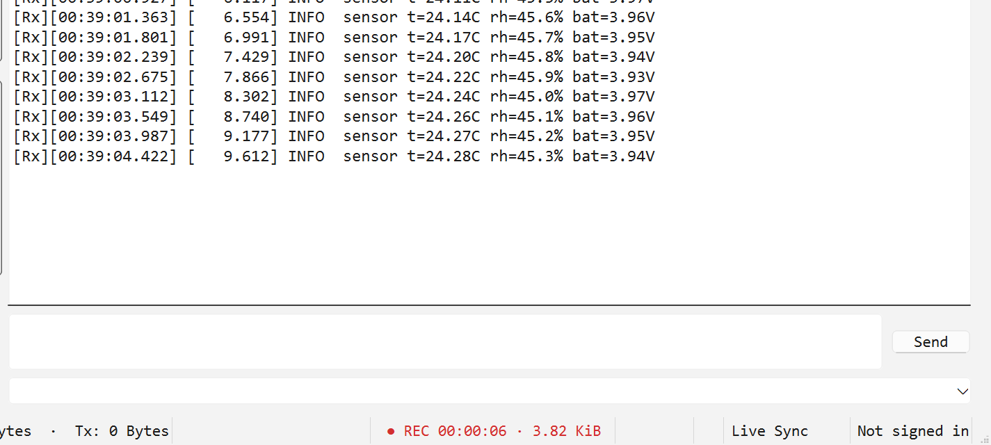 The lower part of the main window while a recording runs: the receive view filling with a device log, and at the right of the status bar a red ● REC 00:00:06 · 3.82 KiB