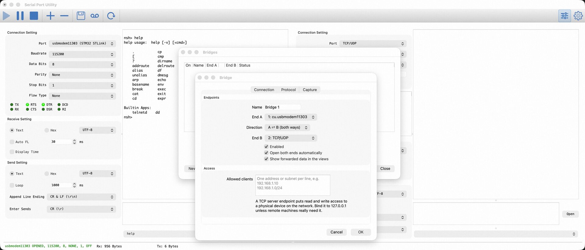 The bridge editor linking a serial connection to a TCP/UDP endpoint in both directions