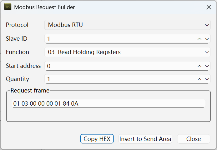 Modbus request builder in Serial Port Utility